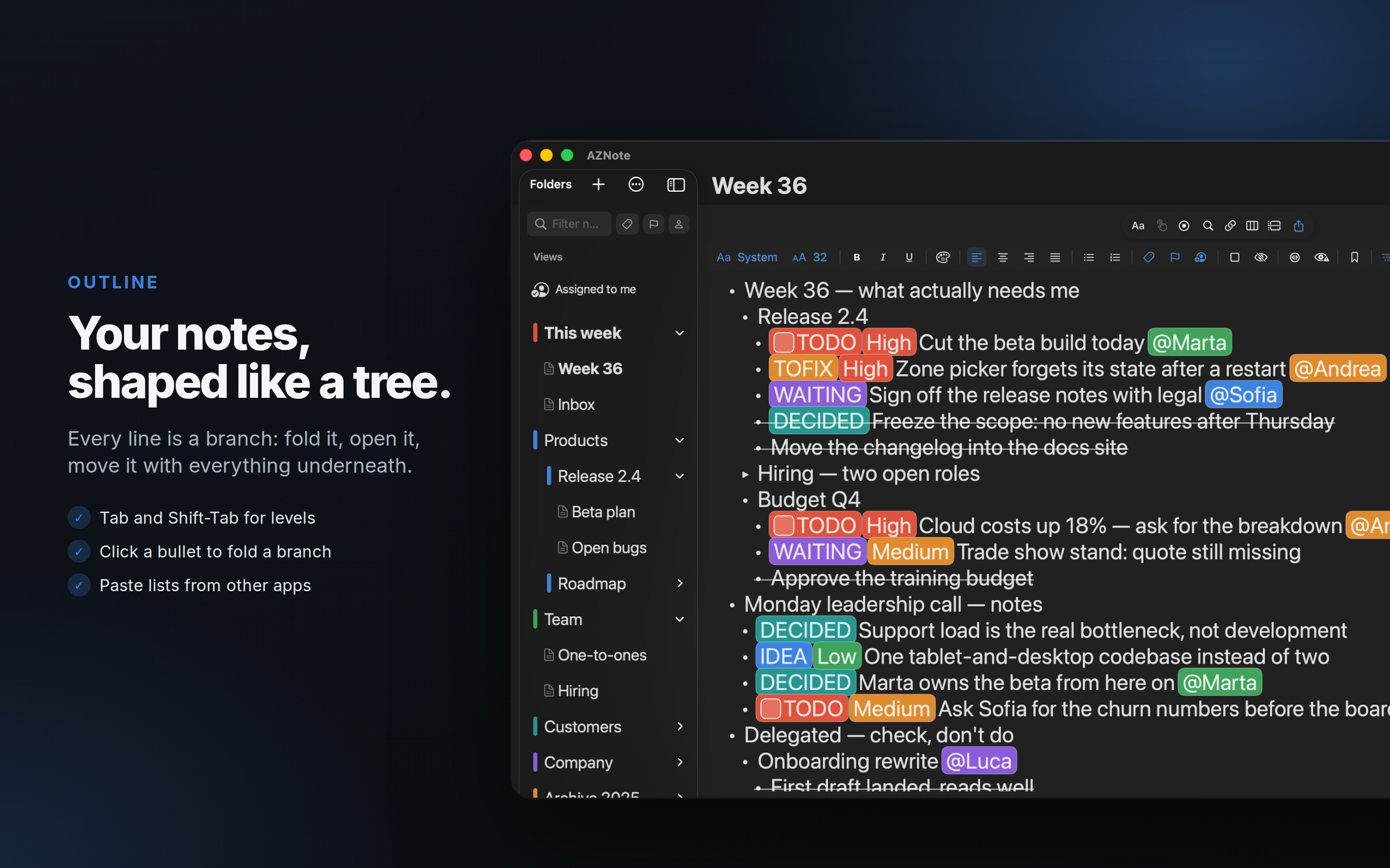 AZNote on Mac: an outline with folded branches and the agenda