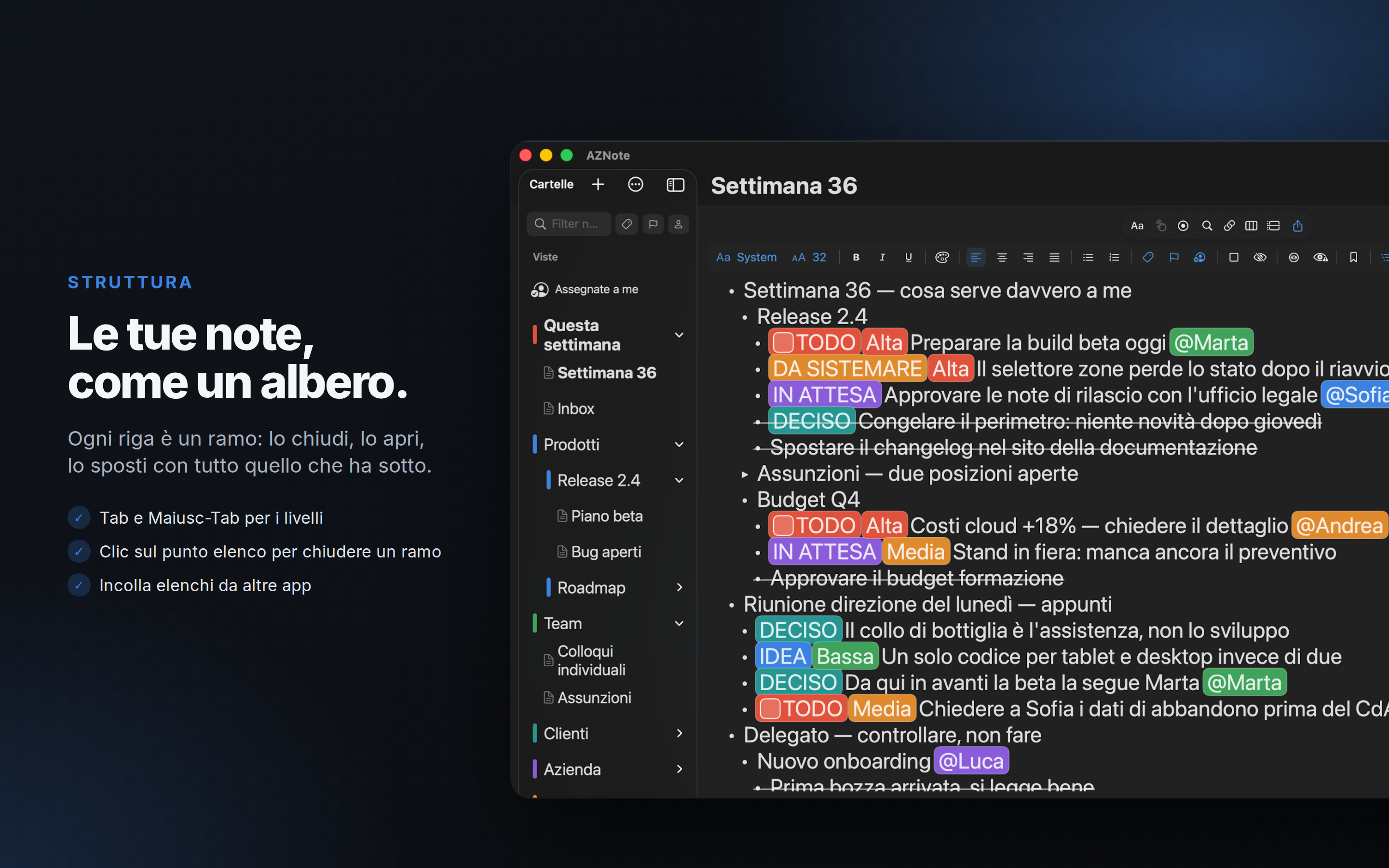 AZNote su Mac: una nota ad albero con rami chiusi e l'agenda